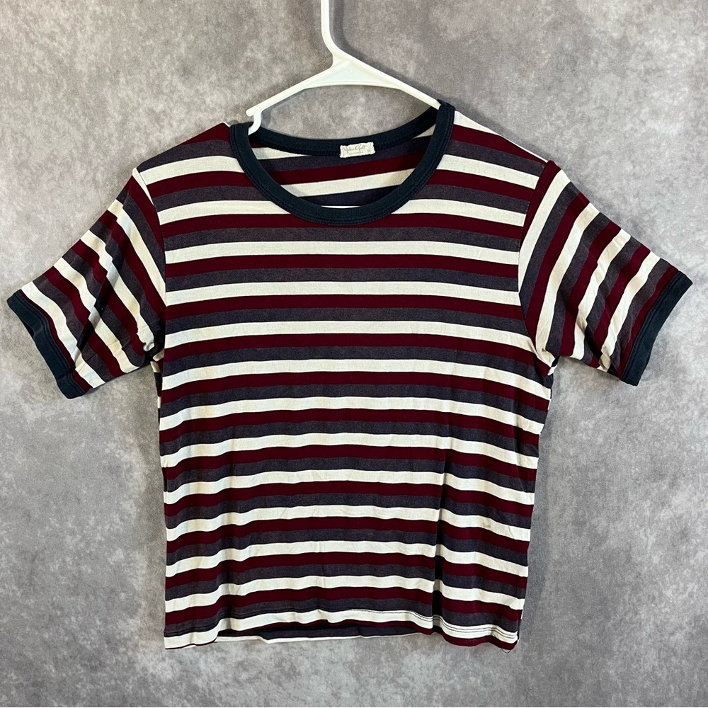 John Galt Ringerโ T-Shirt Womens Small Burgundy Navy Striped Short Sleeve Tee